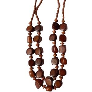 Vintage 2 Strand Chunky Brown Polished Wood Beaded Necklace MCM Bohemian Tribal